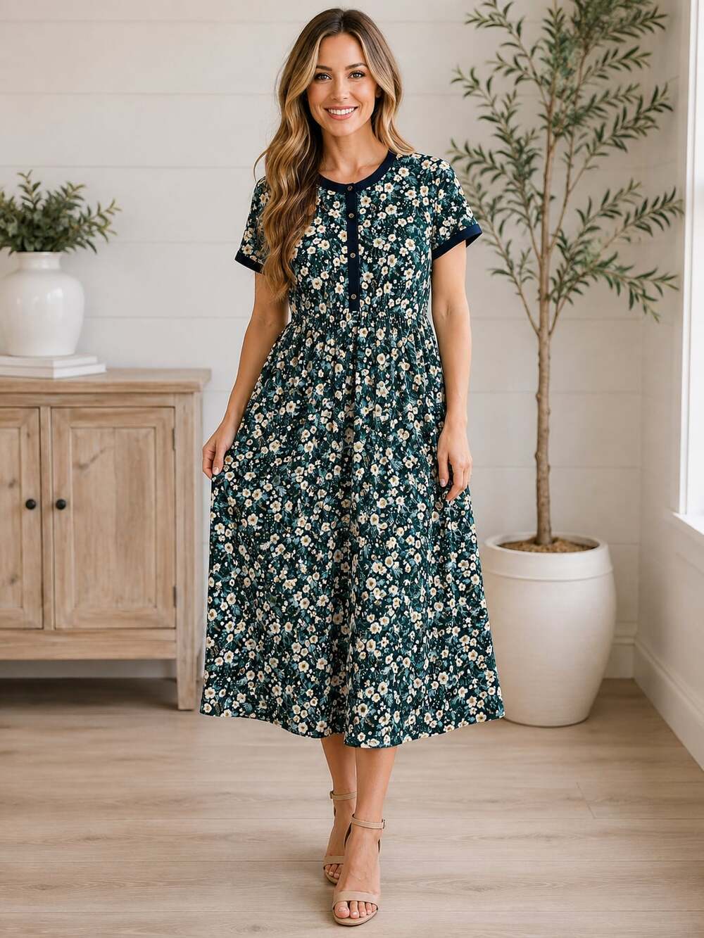 Piper & Scoot Floral Print Short Sleeve Button Front Midi Dress XXL Lined